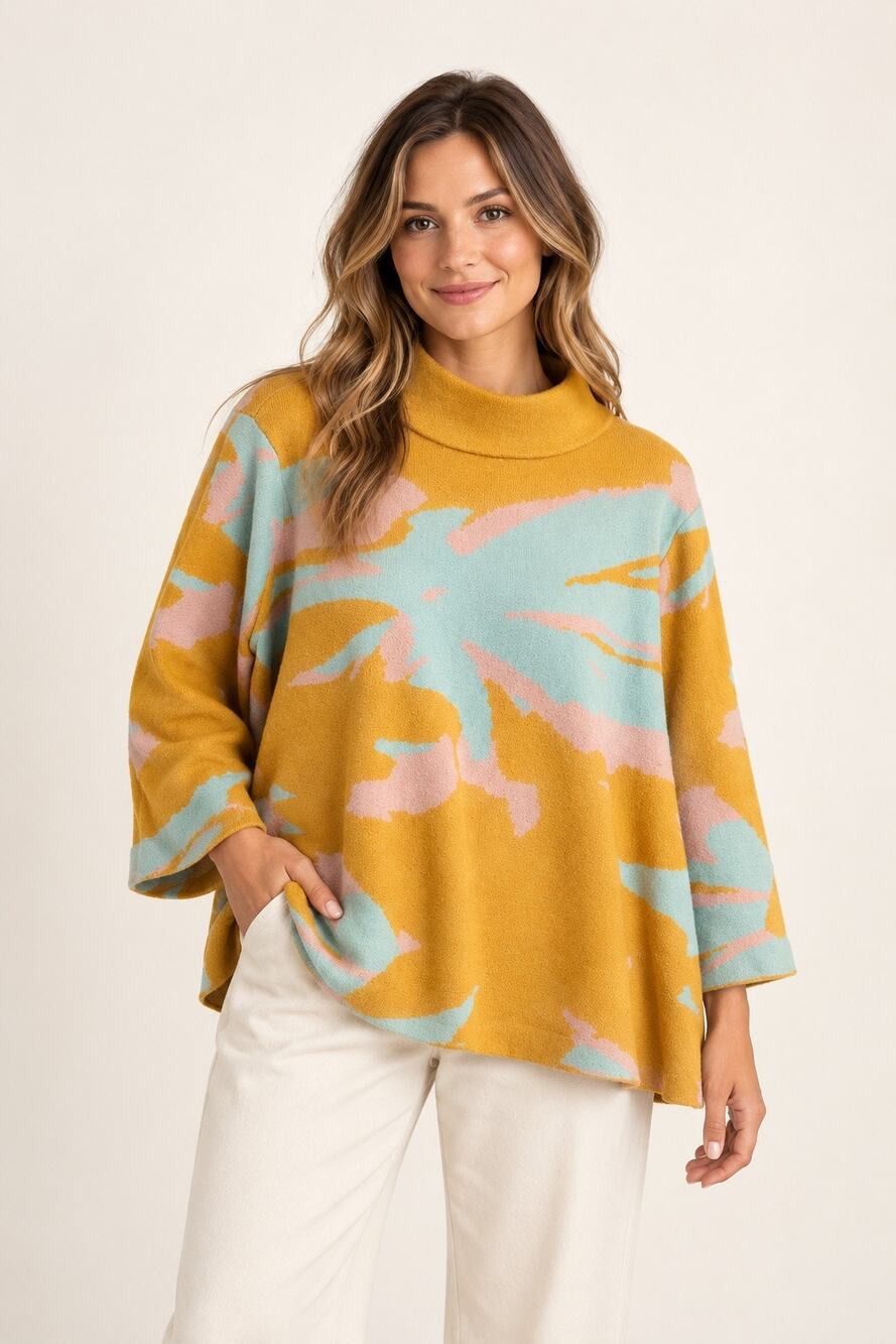Fate Abstract Print Mock Neck Sweater Mustard Mint Pink Size L